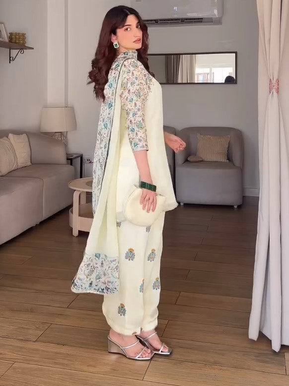 Designer Collection In Pure Faux Georgette Top-Bottom And Dupatta Set Fully Stitched Ready To Wear