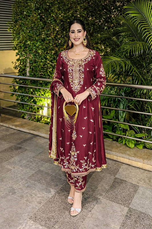 3 PIECE STYLISH KURTI, PLAZOO AND DUPATTA WITH BEAUTIFUL EMBROIDERY SEQUENCE WORK
