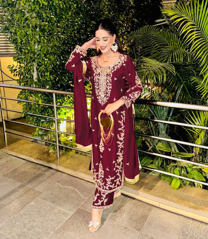 3 PIECE STYLISH KURTI, PLAZOO AND DUPATTA WITH BEAUTIFUL EMBROIDERY SEQUENCE WORK