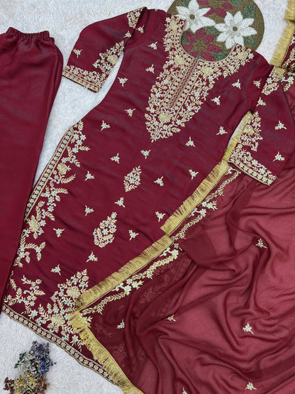 3 PIECE STYLISH KURTI, PLAZOO AND DUPATTA WITH BEAUTIFUL EMBROIDERY SEQUENCE WORK