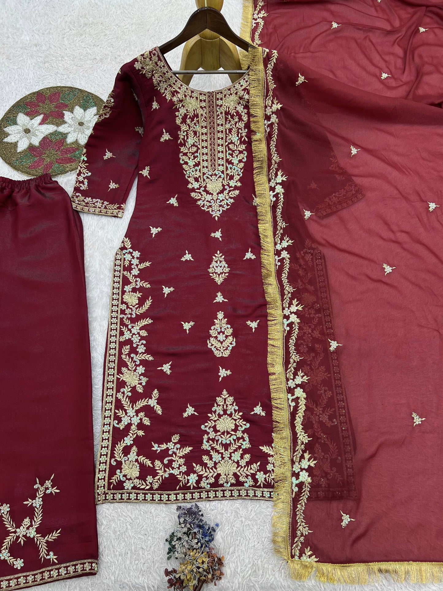 3 PIECE STYLISH KURTI, PLAZOO AND DUPATTA WITH BEAUTIFUL EMBROIDERY SEQUENCE WORK