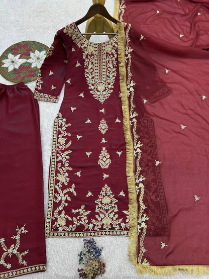 3 PIECE STYLISH KURTI, PLAZOO AND DUPATTA WITH BEAUTIFUL EMBROIDERY SEQUENCE WORK