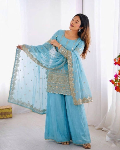 "Elegant Embroidered Sequence Designer Sharara Set