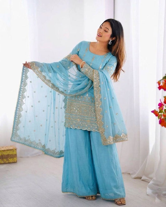 "Elegant Embroidered Sequence Designer Sharara Set