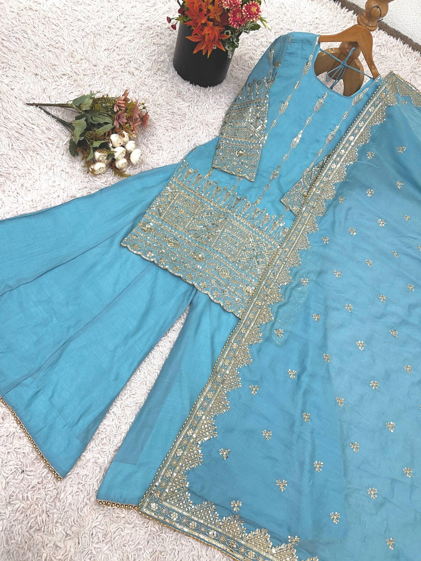 "Elegant Embroidered Sequence Designer Sharara Set