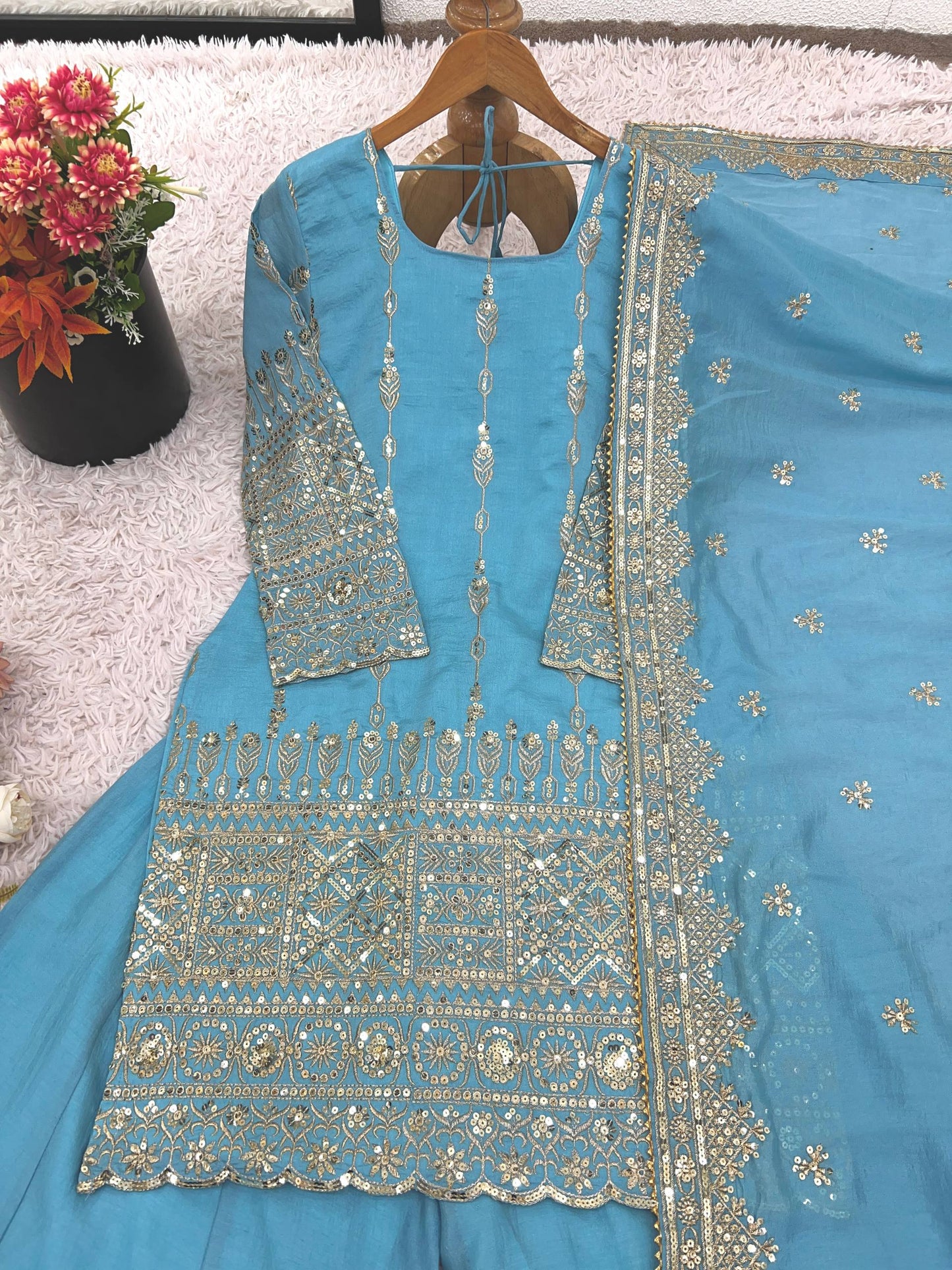 "Elegant Embroidered Sequence Designer Sharara Set