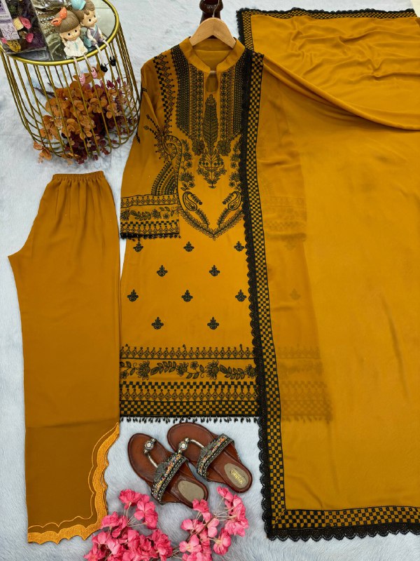 Đěsigner Party Wear Look Pur Heavy Faux Georgette Top Plazzo & Dupatta Set