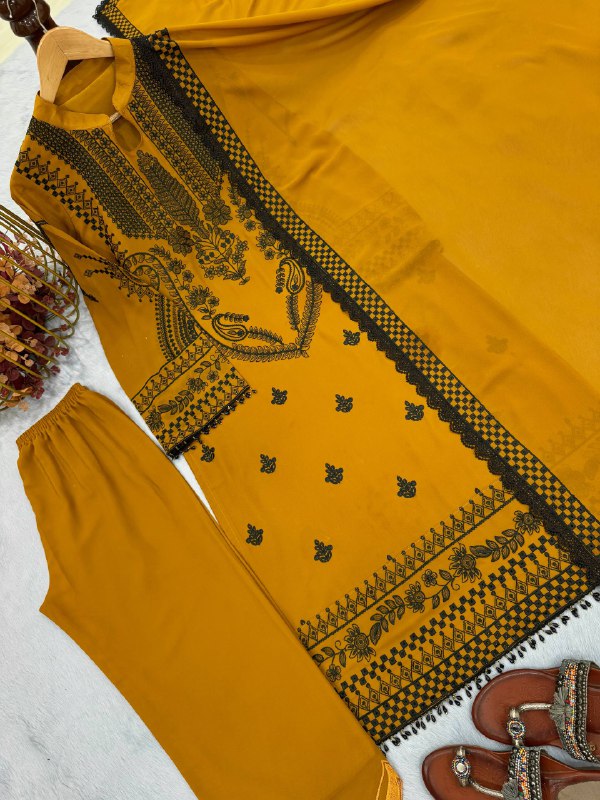 Đěsigner Party Wear Look Pur Heavy Faux Georgette Top Plazzo & Dupatta Set