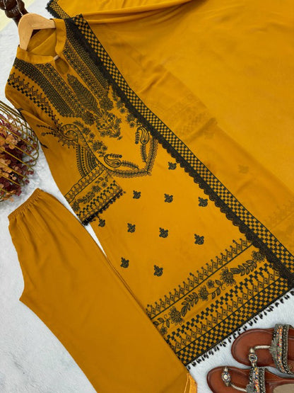 Đěsigner Party Wear Look Pur Heavy Faux Georgette Top Plazzo & Dupatta Set