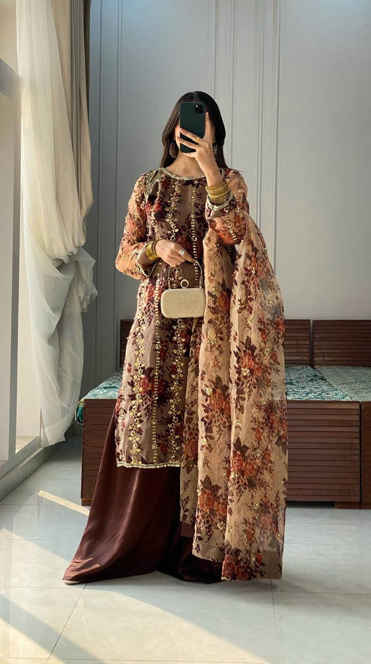 Festival Collection With Faux Georgette And Heavy Embroidery Sequence Work Top-Plazo And Dupatta Set Fully Stitched Ready To Wear
