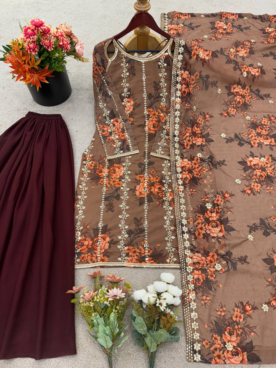 Festival Collection With Faux Georgette And Heavy Embroidery Sequence Work Top-Plazo And Dupatta Set Fully Stitched Ready To Wear