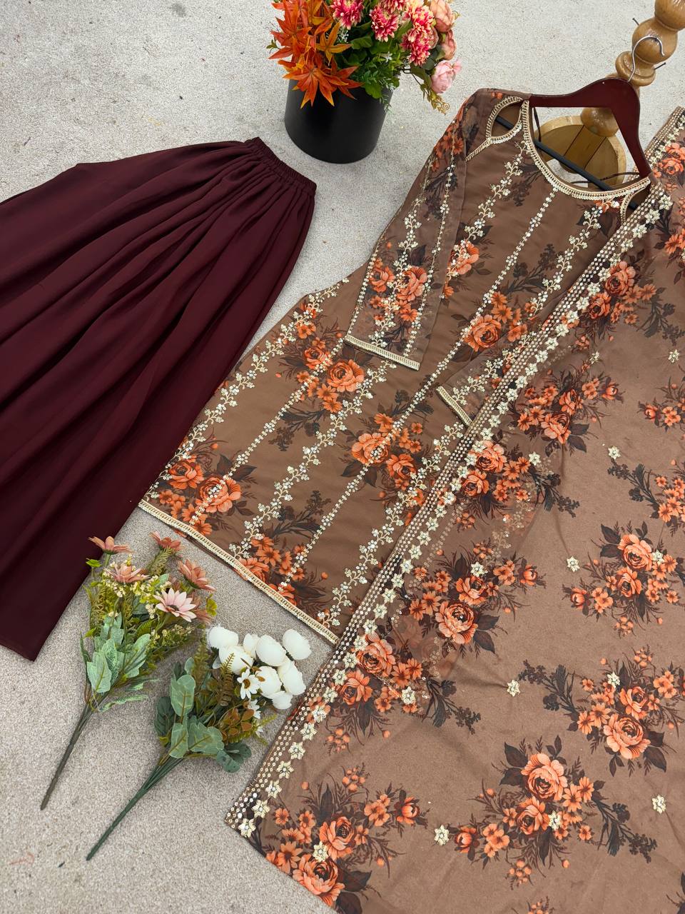 Festival Collection With Faux Georgette And Heavy Embroidery Sequence Work Top-Plazo And Dupatta Set Fully Stitched Ready To Wear