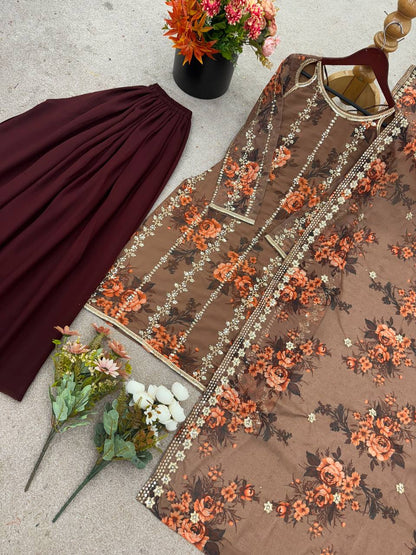 Festival Collection With Faux Georgette And Heavy Embroidery Sequence Work Top-Plazo And Dupatta Set Fully Stitched Ready To Wear