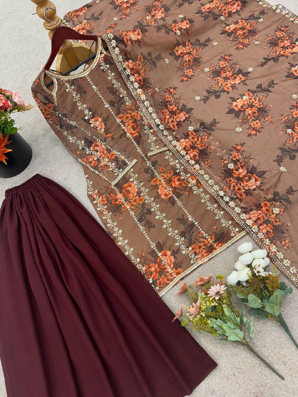 Festival Collection With Faux Georgette And Heavy Embroidery Sequence Work Top-Plazo And Dupatta Set Fully Stitched Ready To Wear