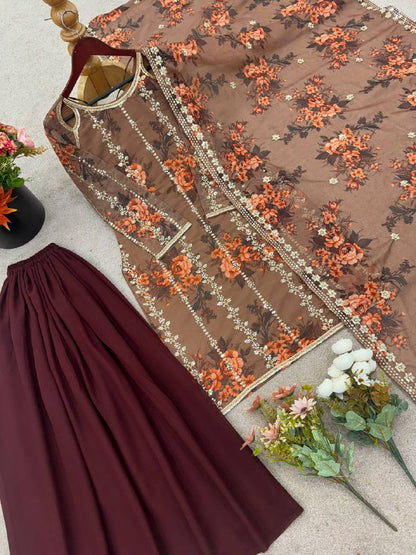 Festival Collection With Faux Georgette And Heavy Embroidery Sequence Work Top-Plazo And Dupatta Set Fully Stitched Ready To Wear