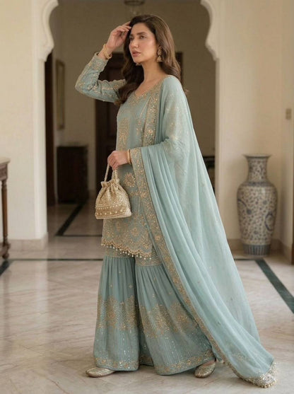 EID 🌙 OUR SEQUENCE EMBROIDERY WORKED TOP, SARARA AND DUPATTA