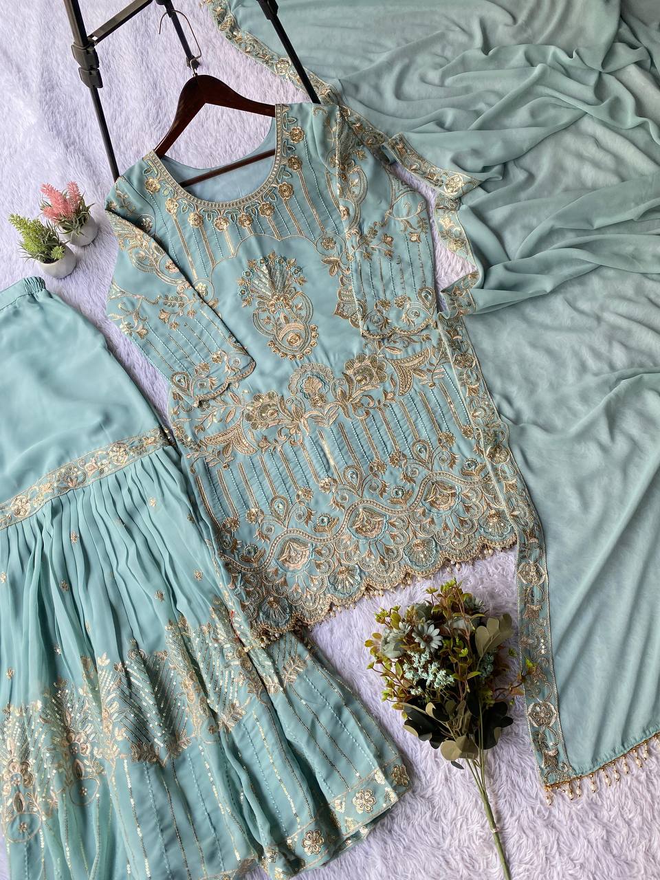 EID 🌙 OUR SEQUENCE EMBROIDERY WORKED TOP, SARARA AND DUPATTA