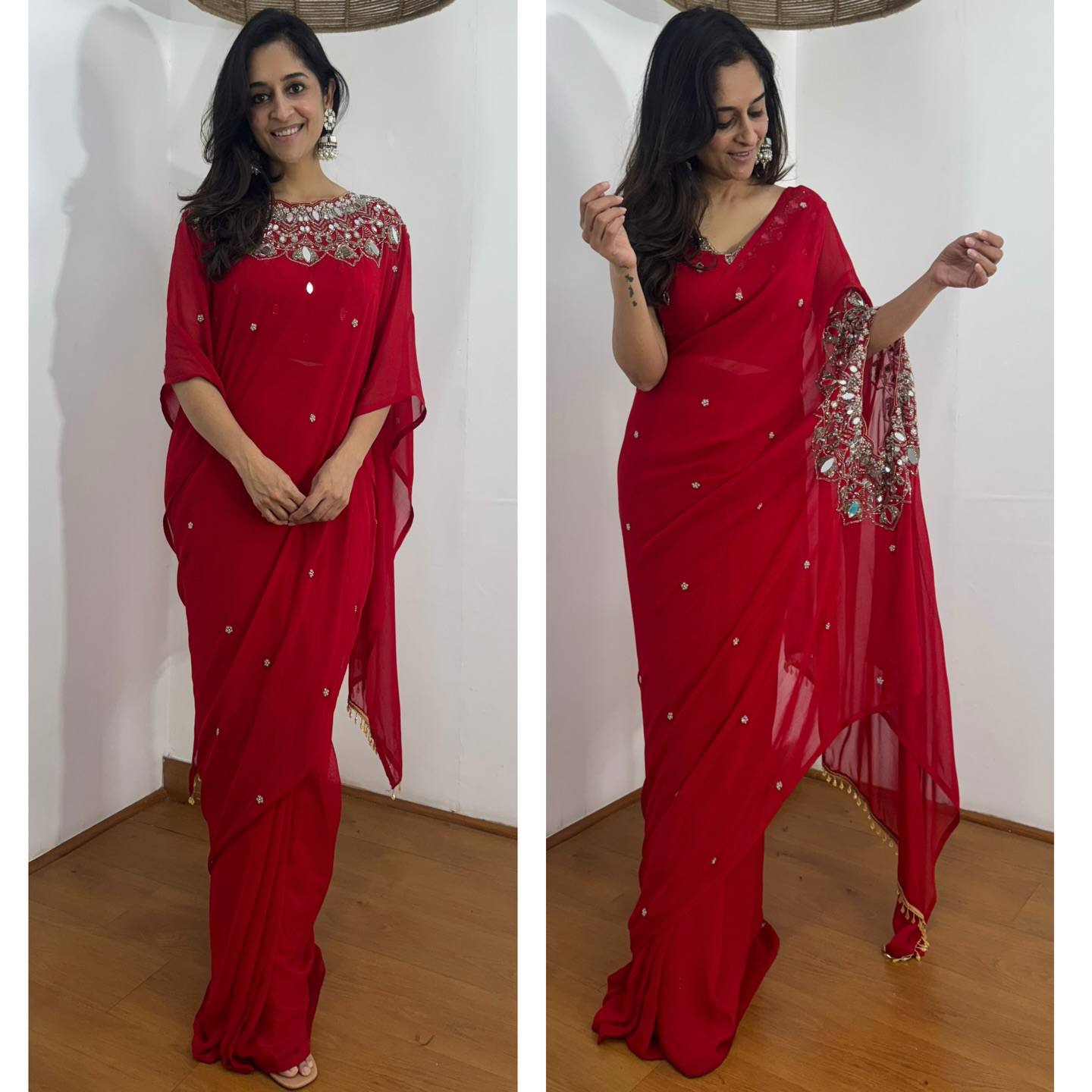 2 STYLES HAND WORKED, DRAPE SAREE ON FAUX GEORGETTE FABRIC WITH STITCHED BLOUSE