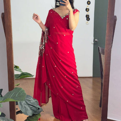 2 STYLES HAND WORKED, DRAPE SAREE ON FAUX GEORGETTE FABRIC WITH STITCHED BLOUSE