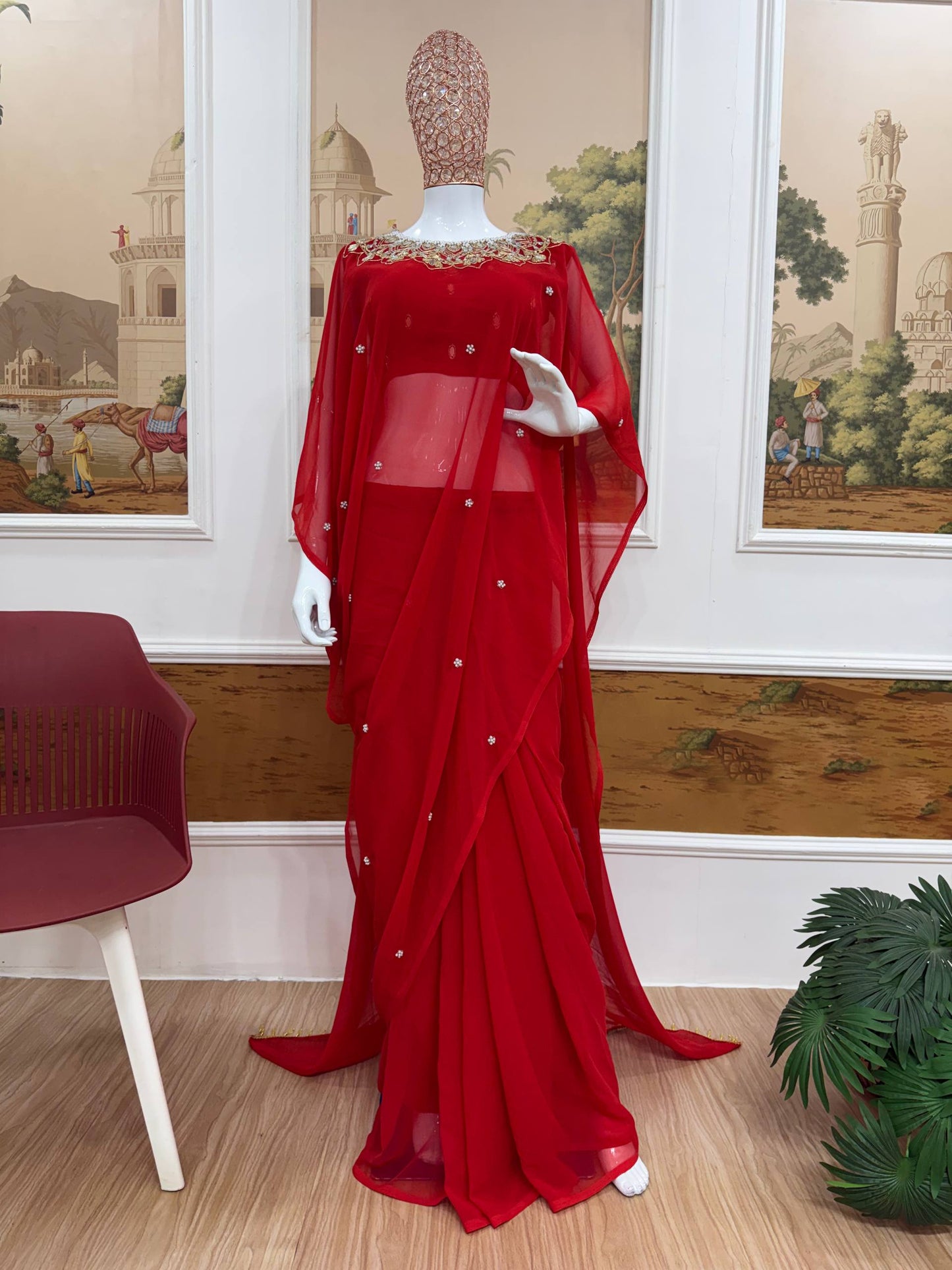 2 STYLES HAND WORKED, DRAPE SAREE ON FAUX GEORGETTE FABRIC WITH STITCHED BLOUSE