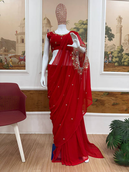 2 STYLES HAND WORKED, DRAPE SAREE ON FAUX GEORGETTE FABRIC WITH STITCHED BLOUSE