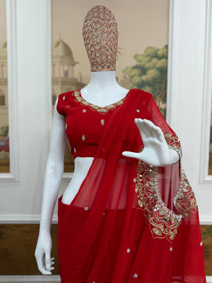 2 STYLES HAND WORKED, DRAPE SAREE ON FAUX GEORGETTE FABRIC WITH STITCHED BLOUSE