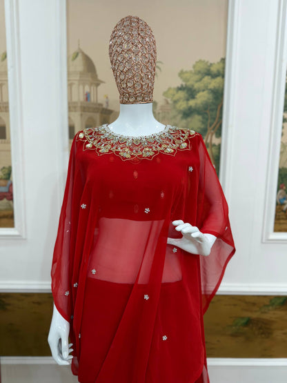 2 STYLES HAND WORKED, DRAPE SAREE ON FAUX GEORGETTE FABRIC WITH STITCHED BLOUSE