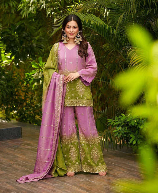 Party Wear Look Heavy Chinon Silk Pedding Top-Plazzo And Duppata Set Ready To Wear