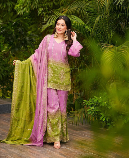 Party Wear Look Heavy Chinon Silk Pedding Top-Plazzo And Duppata Set Ready To Wear