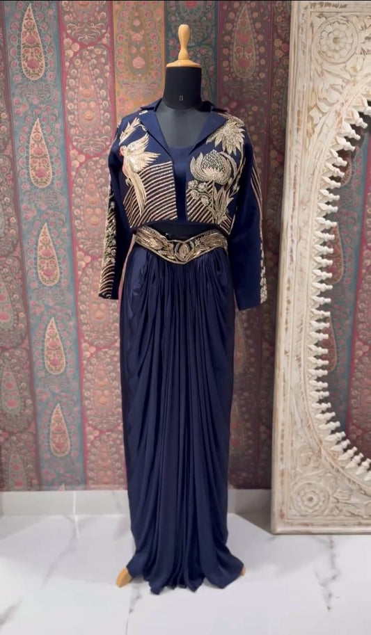 INDO WESTERN THREE PIECE WITH SEQUENCE EMBROIDERY WORK KOTI , BLOUSE WITH  DRAPED SKIRT