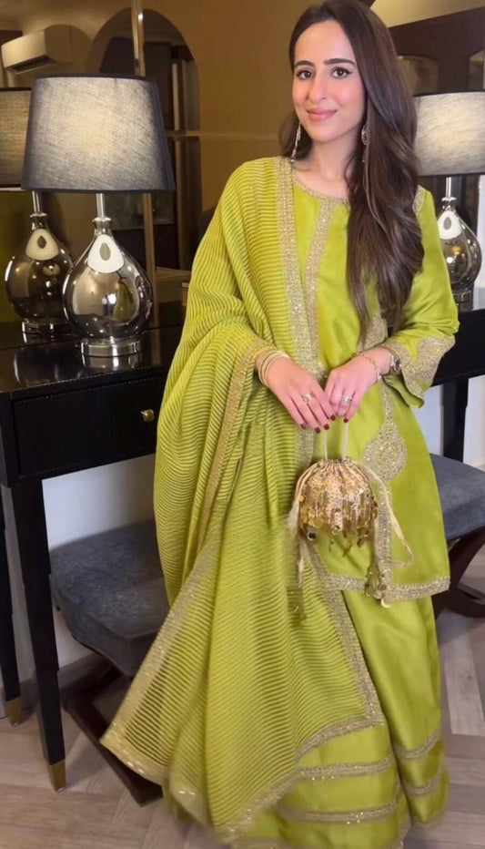 Designer Party Wear Look Chinon Silk Top-Plazzo And Duppata Set Ready To Wear