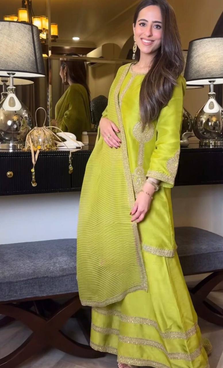 Designer Party Wear Look Chinon Silk Top-Plazzo And Duppata Set Ready To Wear