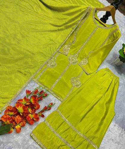 Designer Party Wear Look Chinon Silk Top-Plazzo And Duppata Set Ready To Wear