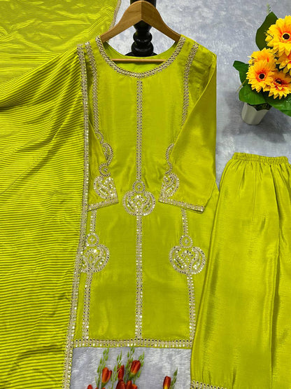Designer Party Wear Look Chinon Silk Top-Plazzo And Duppata Set Ready To Wear