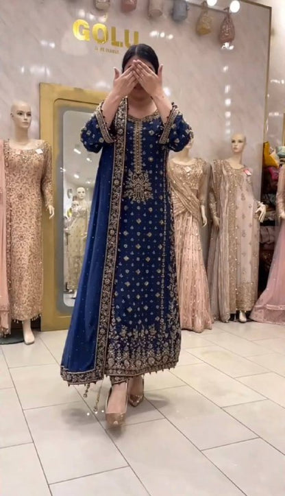 NEW DESIGNER  EID SPECIAL HEAVY CHINE  SEQUENCE WORK 3 PIS SUIT SET