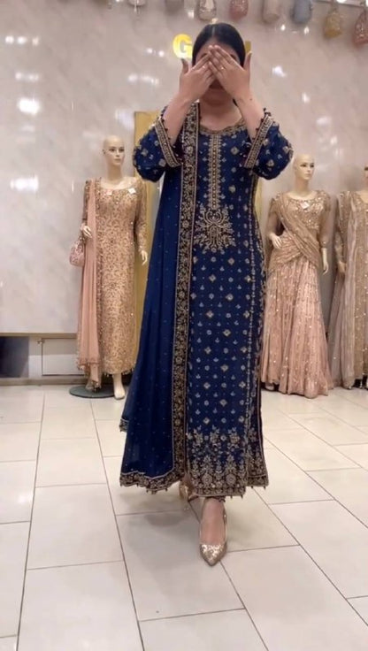 NEW DESIGNER  EID SPECIAL HEAVY CHINE  SEQUENCE WORK 3 PIS SUIT SET