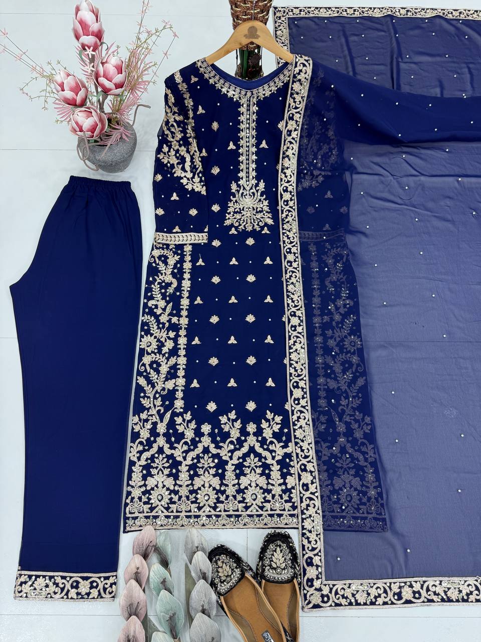 NEW DESIGNER  EID SPECIAL HEAVY CHINE  SEQUENCE WORK 3 PIS SUIT SET
