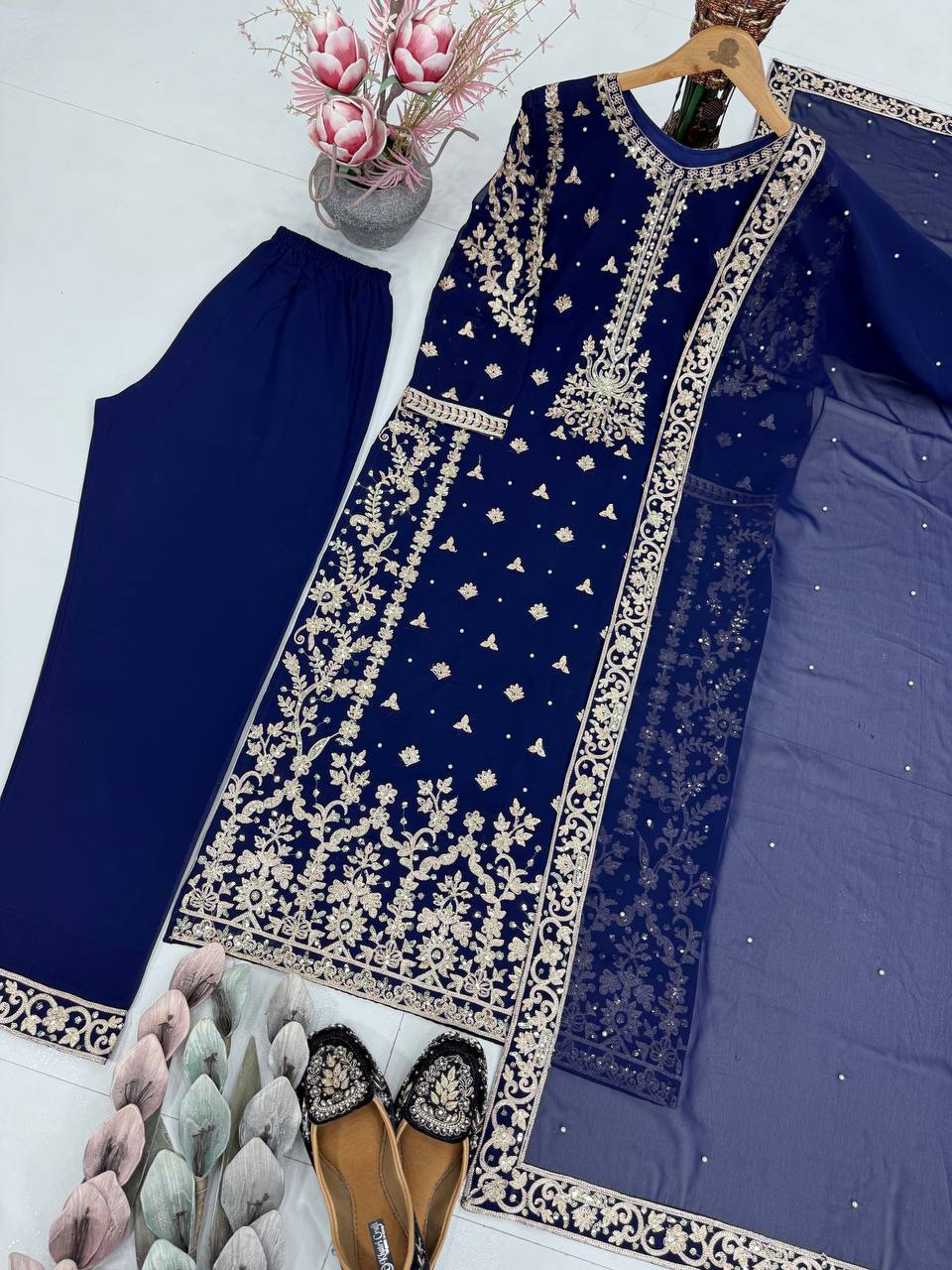 NEW DESIGNER  EID SPECIAL HEAVY CHINE  SEQUENCE WORK 3 PIS SUIT SET