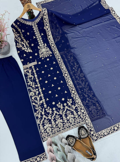 NEW DESIGNER  EID SPECIAL HEAVY CHINE  SEQUENCE WORK 3 PIS SUIT SET