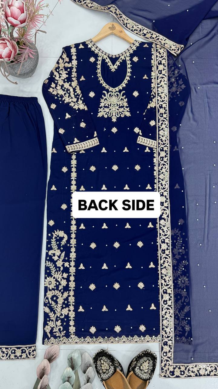 NEW DESIGNER  EID SPECIAL HEAVY CHINE  SEQUENCE WORK 3 PIS SUIT SET