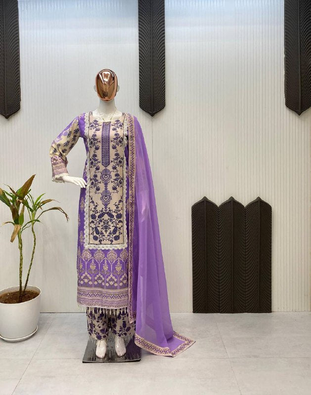 DESIGNER WEAR PRINTED KURTA PANT SUIT IN THREE PIECE WITH REAL MIRROR WORK
