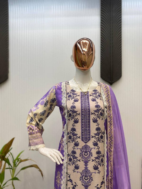 DESIGNER WEAR PRINTED KURTA PANT SUIT IN THREE PIECE WITH REAL MIRROR WORK