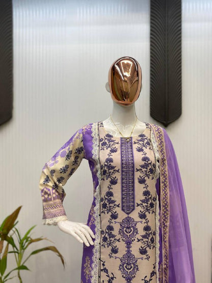 DESIGNER WEAR PRINTED KURTA PANT SUIT IN THREE PIECE WITH REAL MIRROR WORK