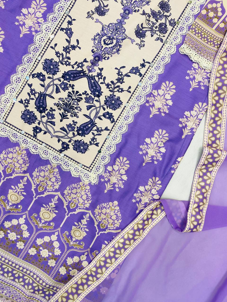 DESIGNER WEAR PRINTED KURTA PANT SUIT IN THREE PIECE WITH REAL MIRROR WORK