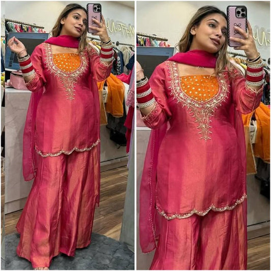 Designer Collection In simar silk With Embroidery Work Top-Bottom And Dupatta Set Fully Stitched Ready To Wear