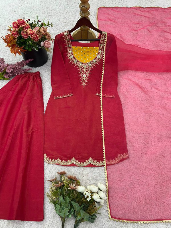 Designer Collection In simar silk With Embroidery Work Top-Bottom And Dupatta Set Fully Stitched Ready To Wear