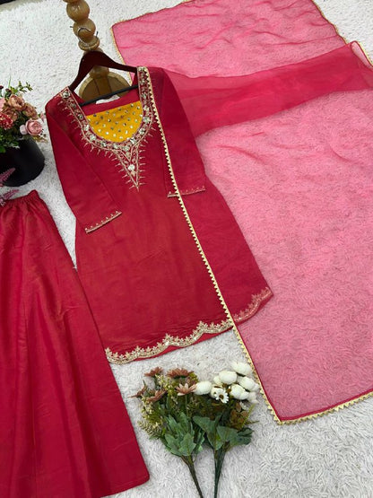 Designer Collection In simar silk With Embroidery Work Top-Bottom And Dupatta Set Fully Stitched Ready To Wear