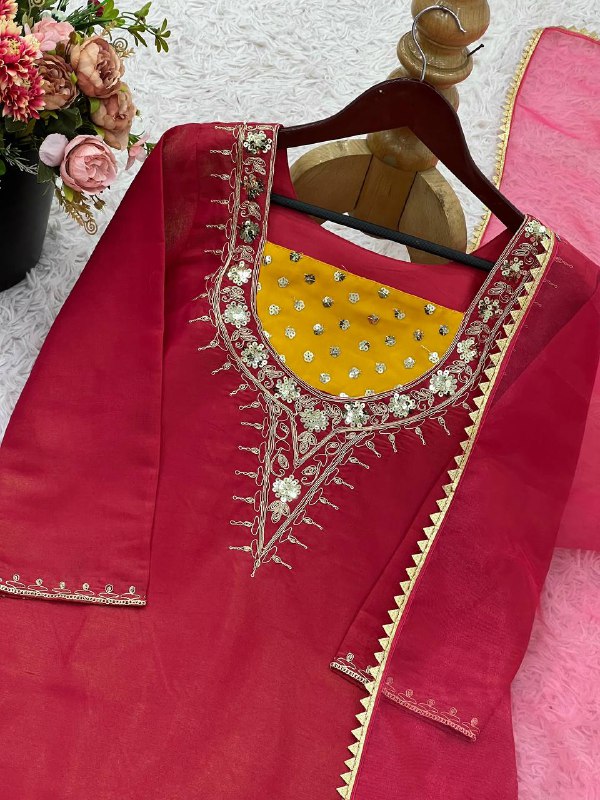Designer Collection In simar silk With Embroidery Work Top-Bottom And Dupatta Set Fully Stitched Ready To Wear