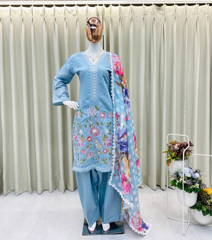DESIGNER AND MOST TRENDING FARSI SALWAR SUIT IN THREE PIECE WITH EMBROIDERY WORK