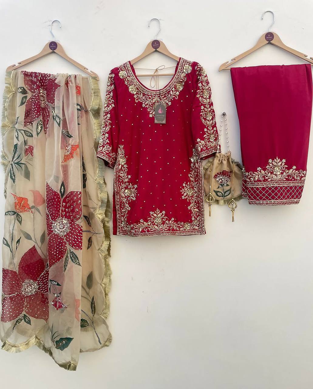 EID 🌙 EXCLUSIVE AND TRENDY FOR WEDDING SEASON OUR CORDING WITH SEQUENCE EMBROIDERY AND BEADS WORKED TOP, PLAZZO AND DUPATTA IN  GMY SILK
